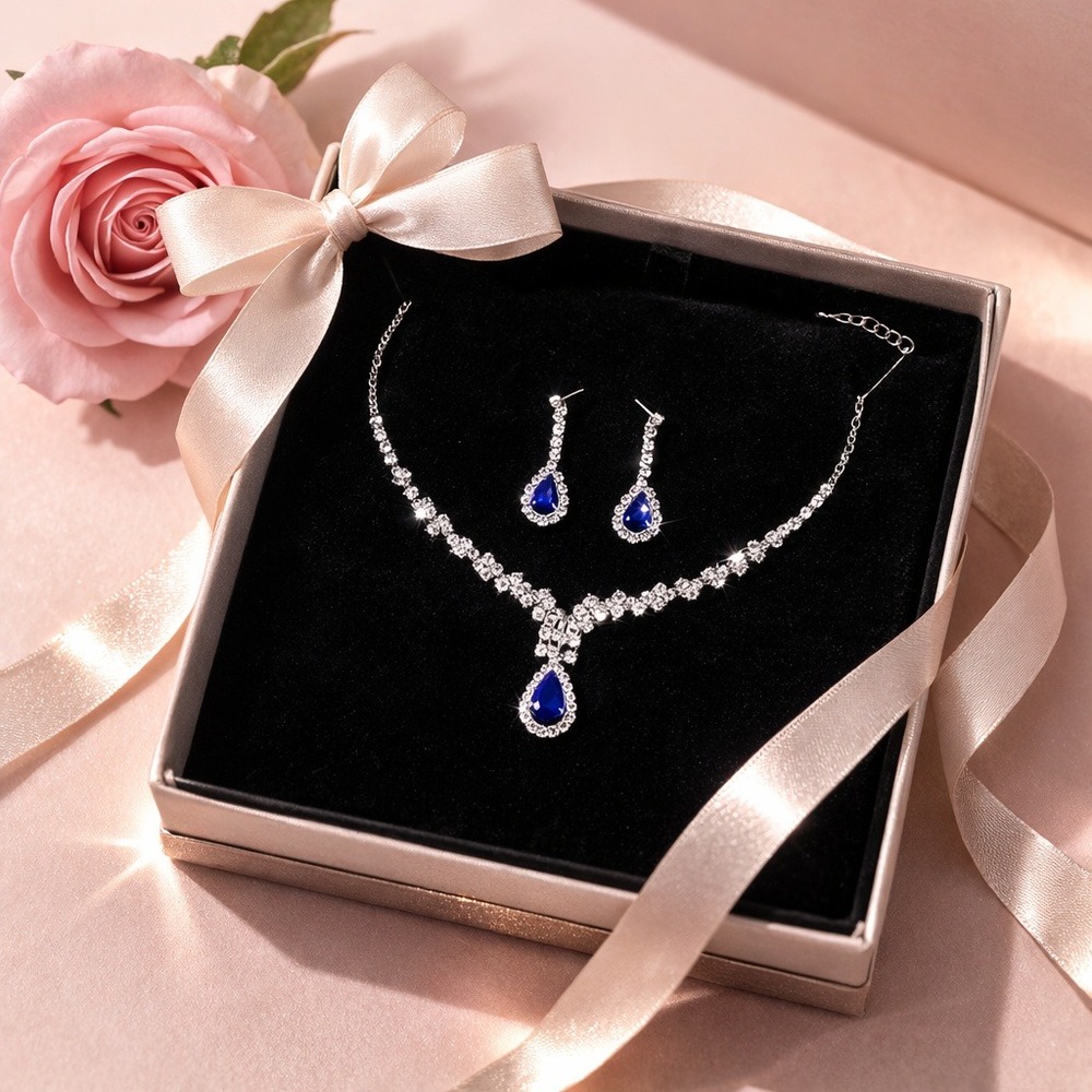 Jewelry Set Necklace and Earrings‎ Set Silver and Blue Rhinestone